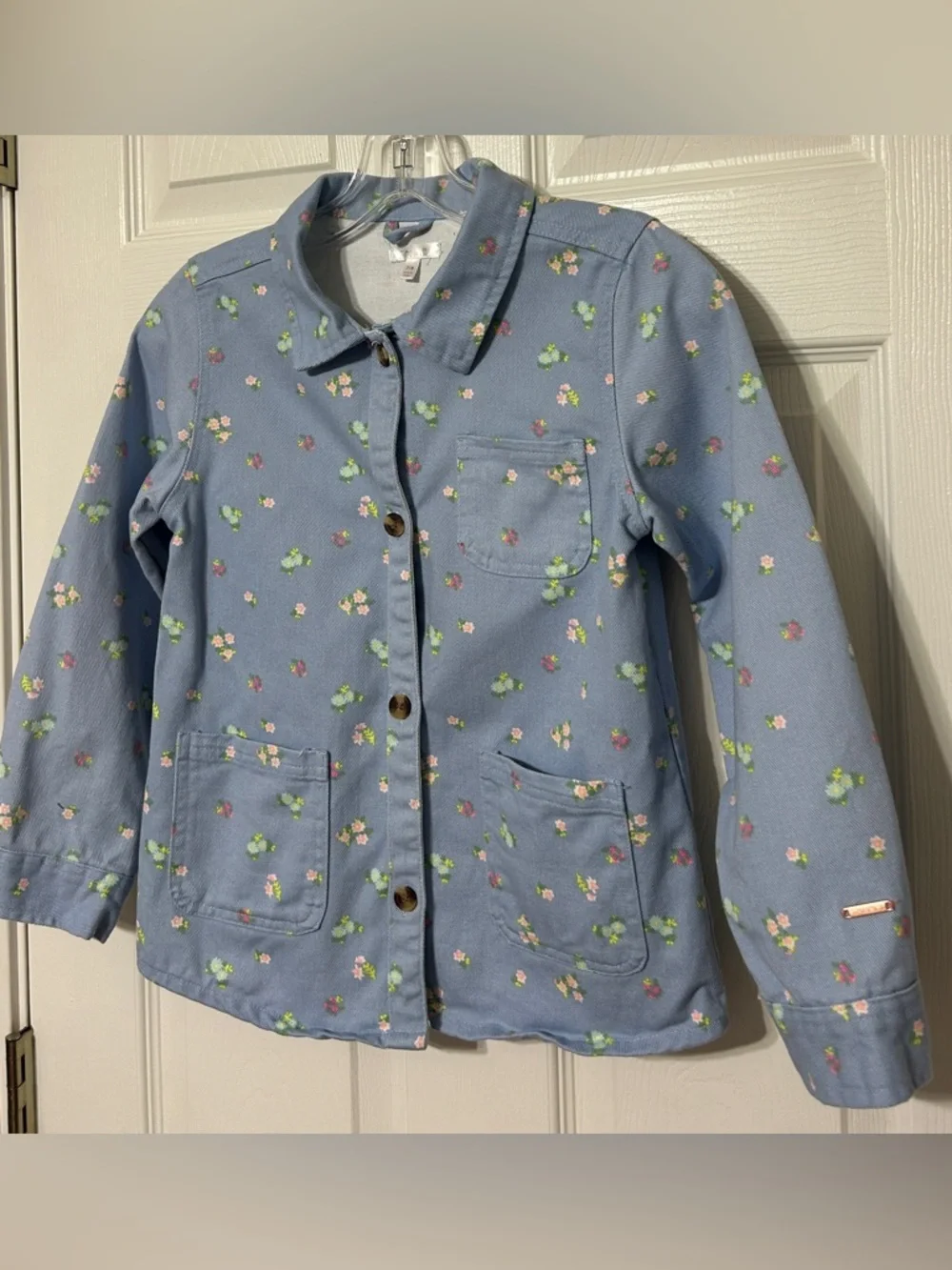 TAHARI Girl’s Blue & Pink  Floral Jacket Cotton Denim Shacket Size 7/8
